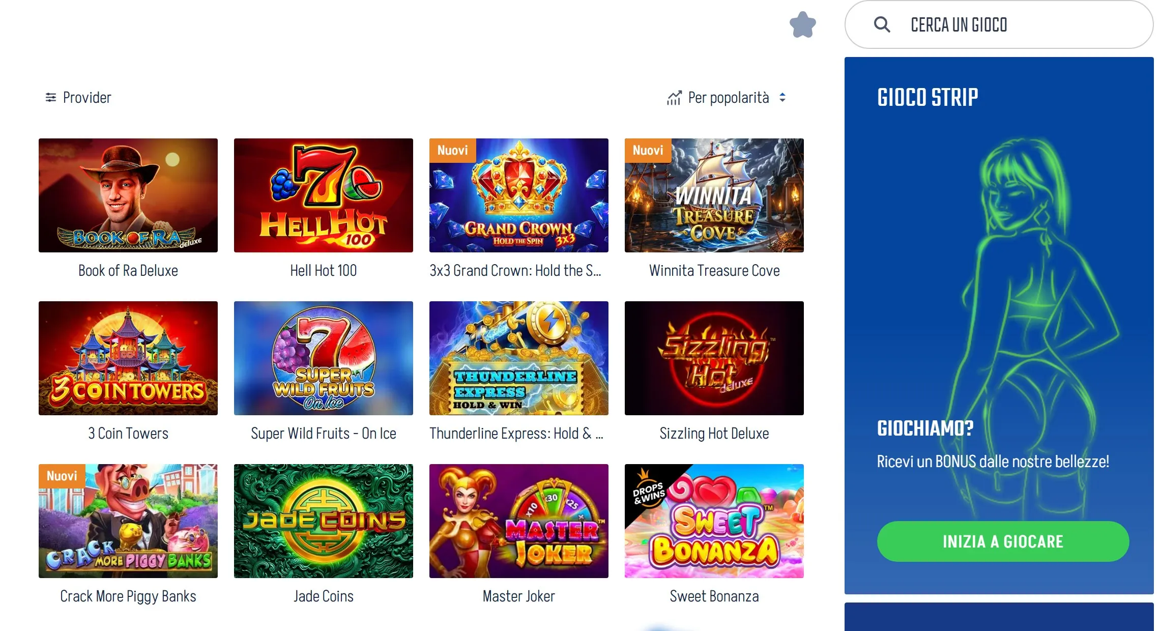 Catalogo dei giochi e delle slot di Winnita Casino